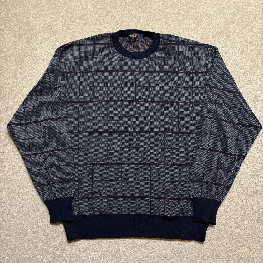 Vtg Brooks Brothers Sweater Mens Large Gray Plaid Merino Wool Crewneck Italy 90s